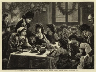 En børnejuleunderholdning på den italienske missionsskole, Onslow Street, Farringdon Road